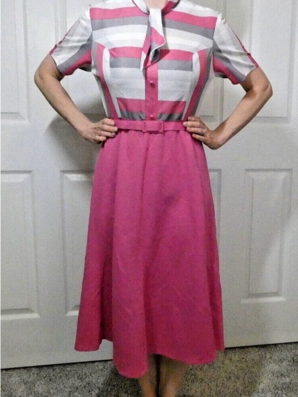 Vintage Pink Fit-and-Flare Belted Dress with Striped Bodice